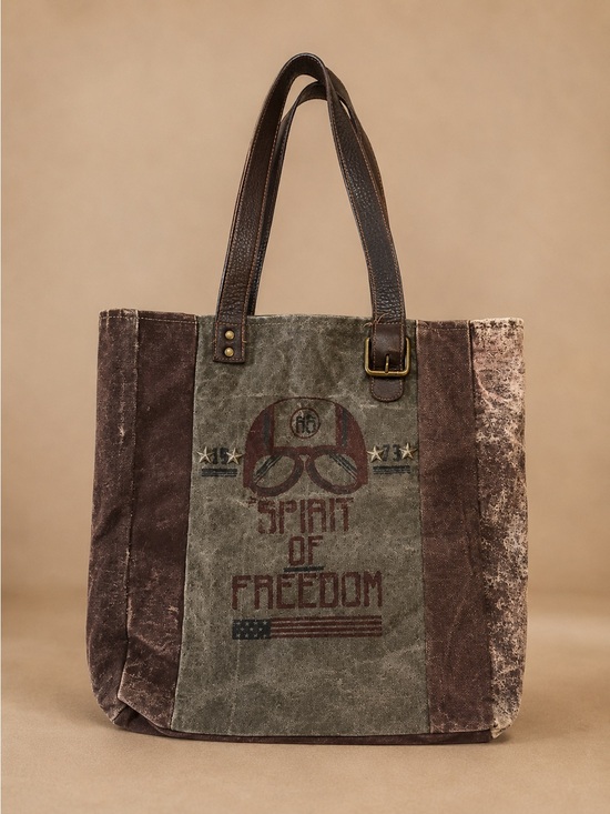 Mona B Handbags - Mona b Vintage Style Distressed Canvas and Leather “Spirit of Freedom” Tote Bag